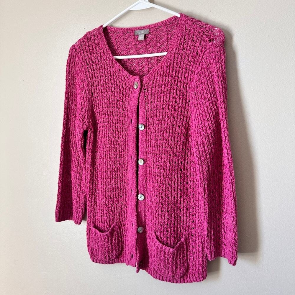 J Jill Open Knit Cardigan Sweater Womens SMALL Linen Blend Button Front Pink - Picture 4 of 11